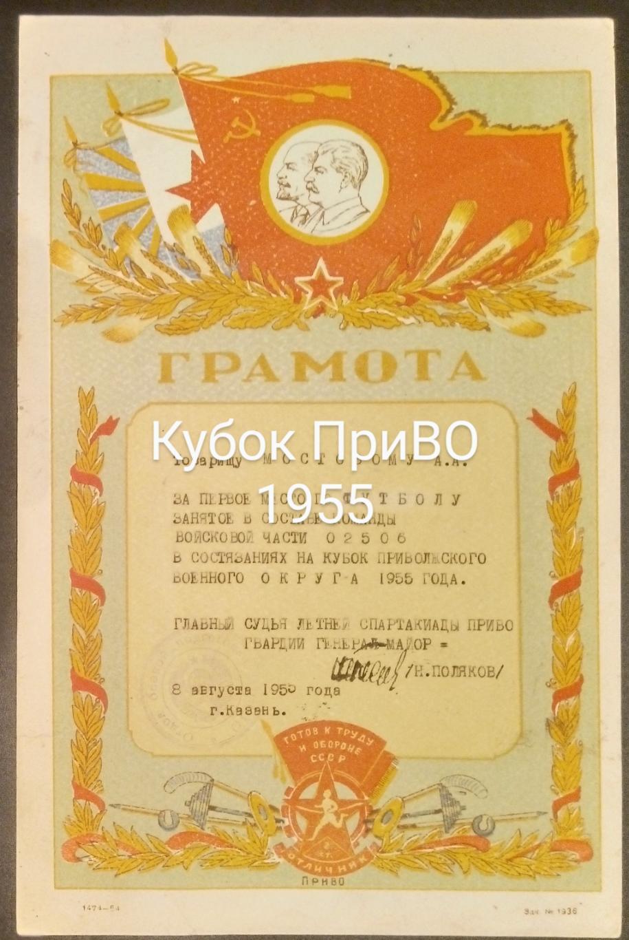 Грамота 1955 (Кубок ПриВО)