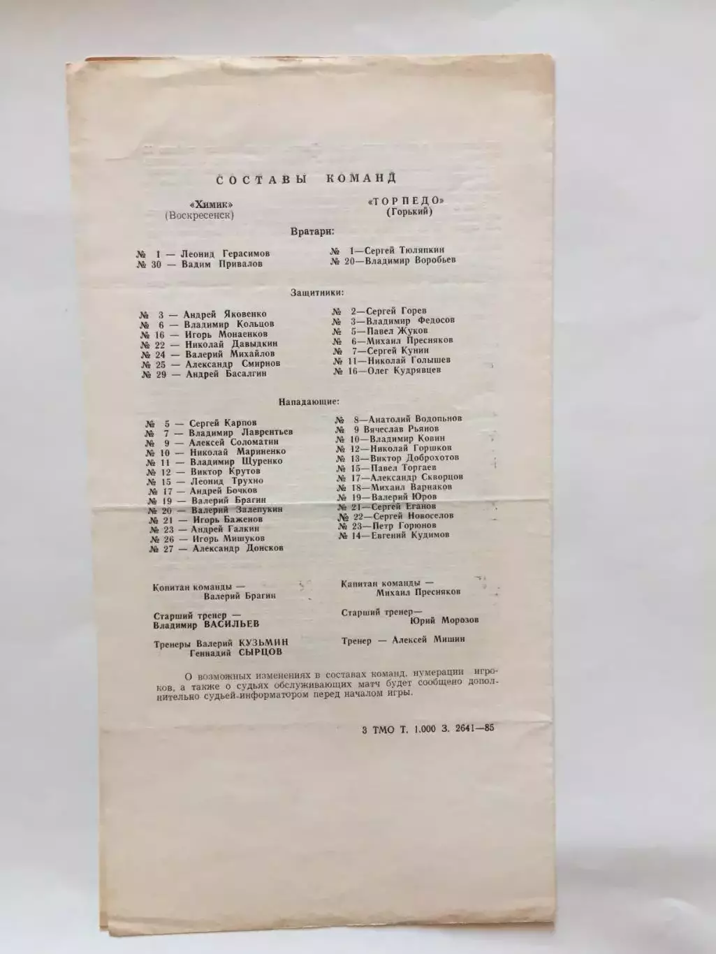 Химик Воскресенск - Торпедо Горький(Нижний) 04.10.1985 1