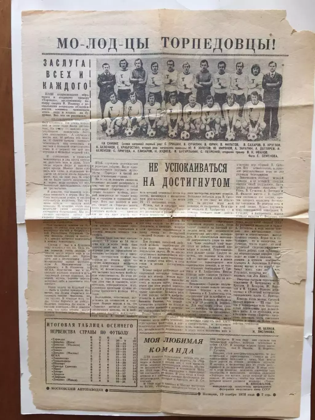 Газета Московский автозаводец 01.12.1976 Торпедо чемпион СССР 3