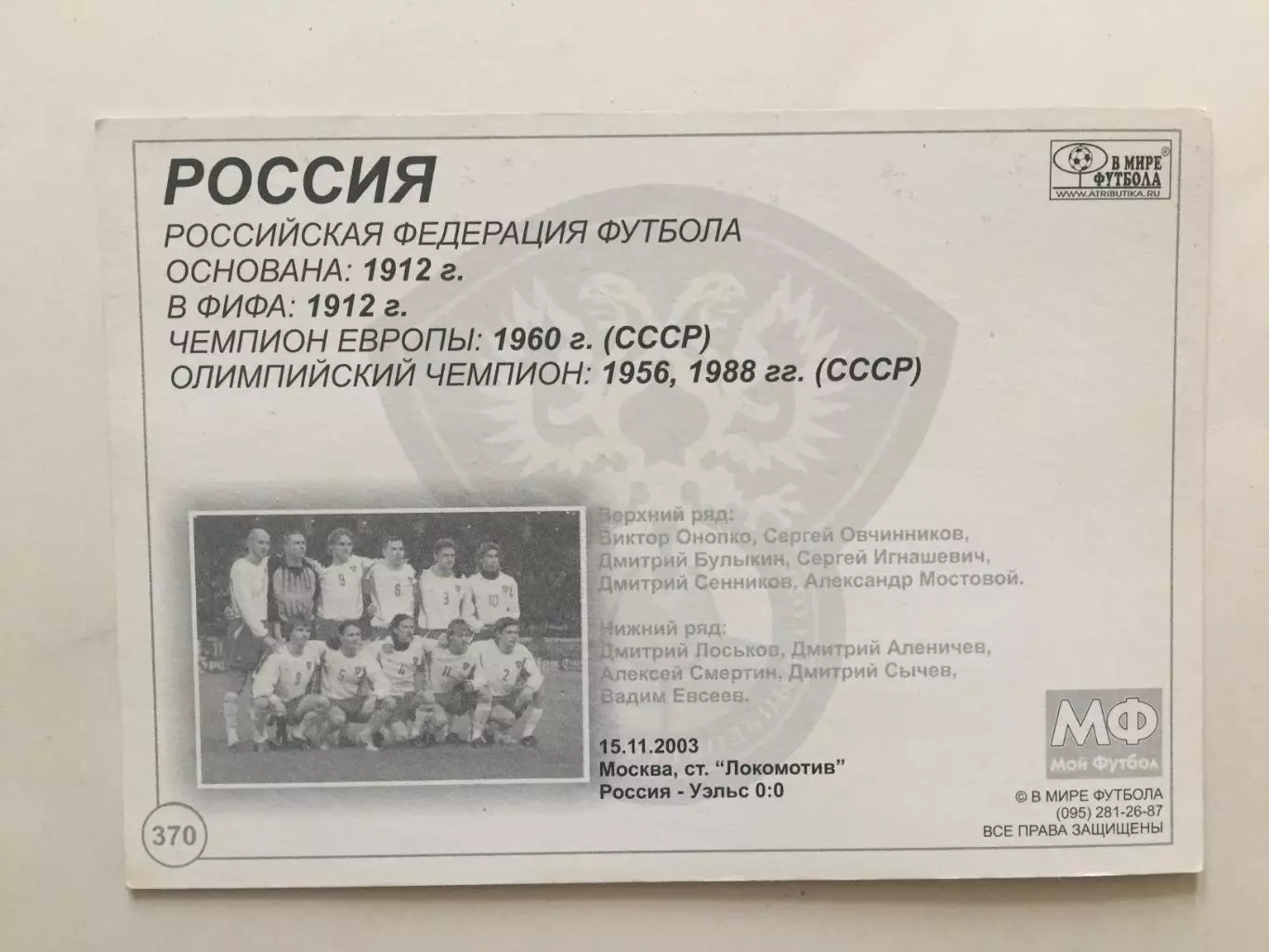 Карточка сборная России в мире футбола 1