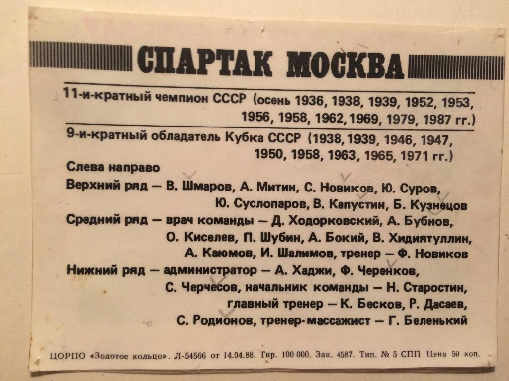 Спартак Москва чемпион СССР 1987года.Карточка,фото 1