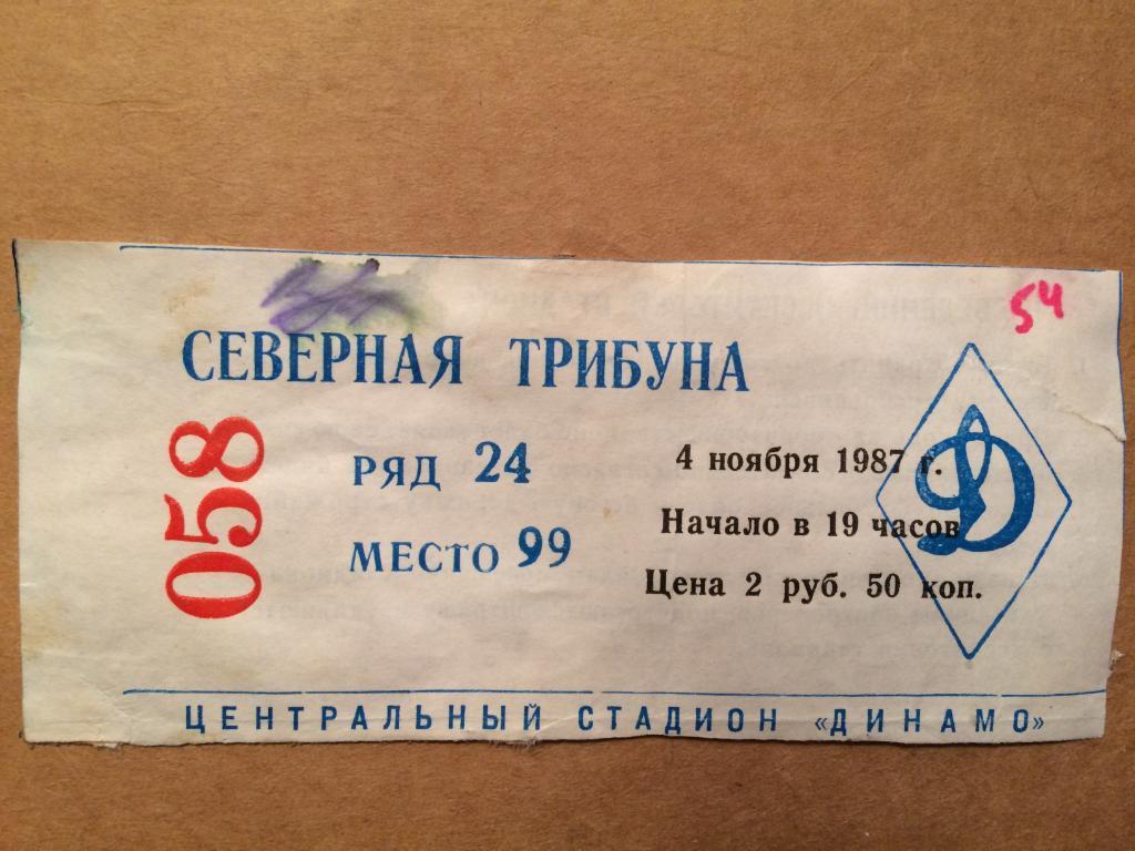 Билет.Кубок УЕФА.Динамо( Москва)- Барселона ( Испания) 04.11. 1987г.