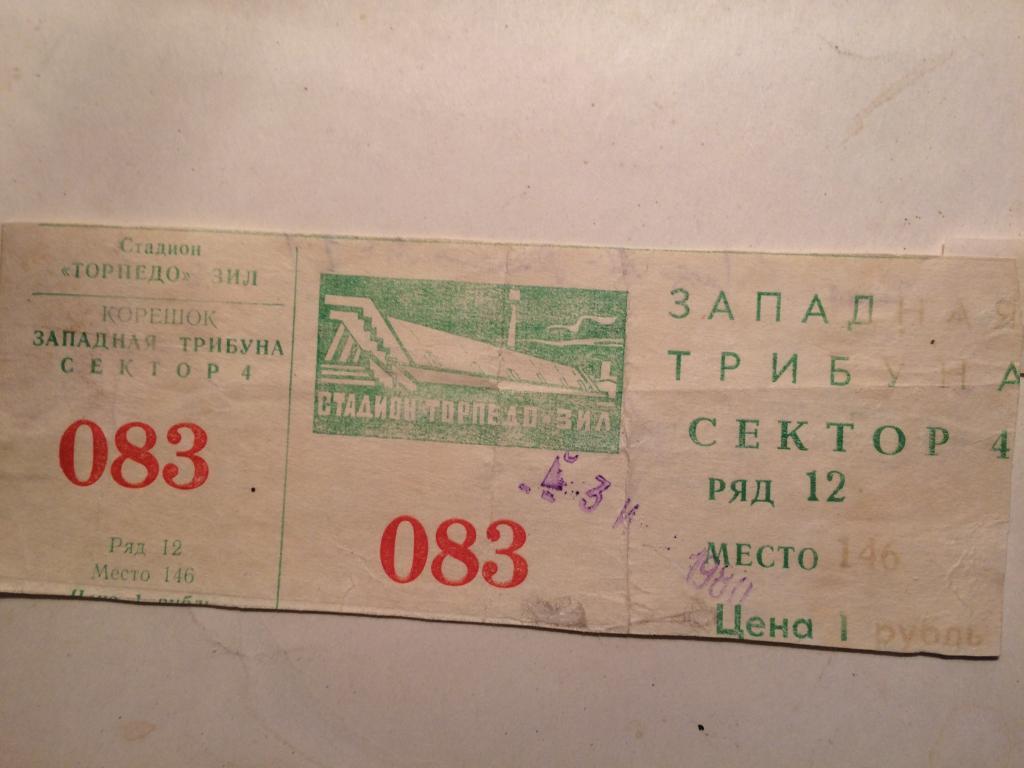 Футбол.Билет.Торпедо Москва-Динамо Москва 1980