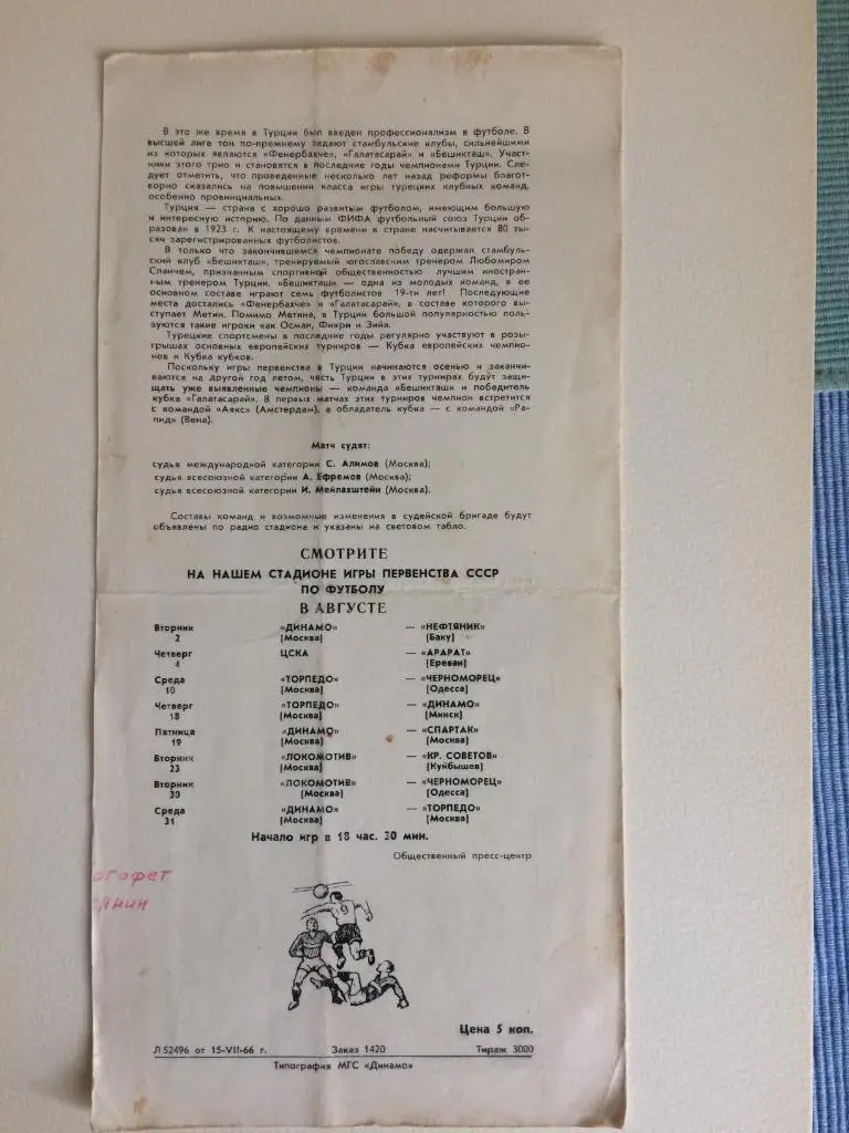 Спартак(СССР)-Генчлер-Бирлиг и(Турция) 17.07.1966 международная встреча 1