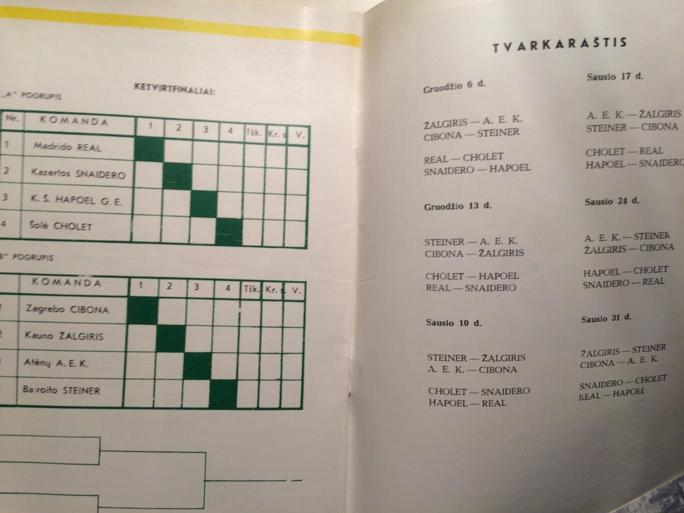 Баскетбол Кубок кубков программа Жальгирис Каунас 1988-1989 4