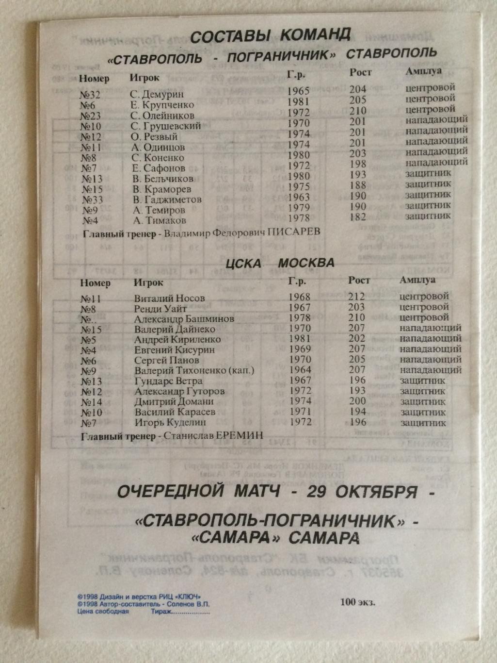 Баскетбол Суперлига Ставрополь-Пограничник - ЦСКА 27.10.1998 1