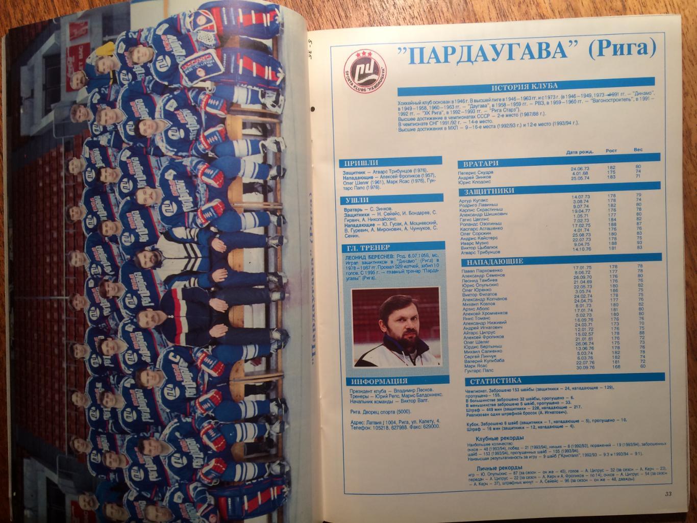 Справочник МХЛ 1994/1995 Мир Хоккея спецвыпуск 3
