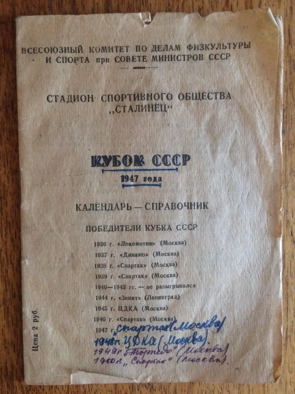 Справочник футбол Кубок СССР 1947 стадион Сталинец