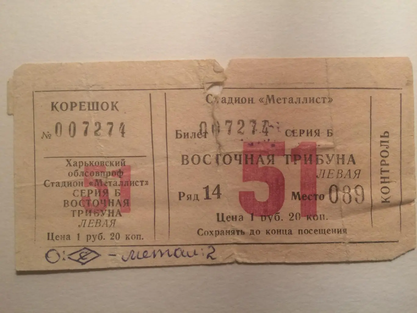 Билет.Чемпионат СССР Металлист Харьков - Спартак 1983