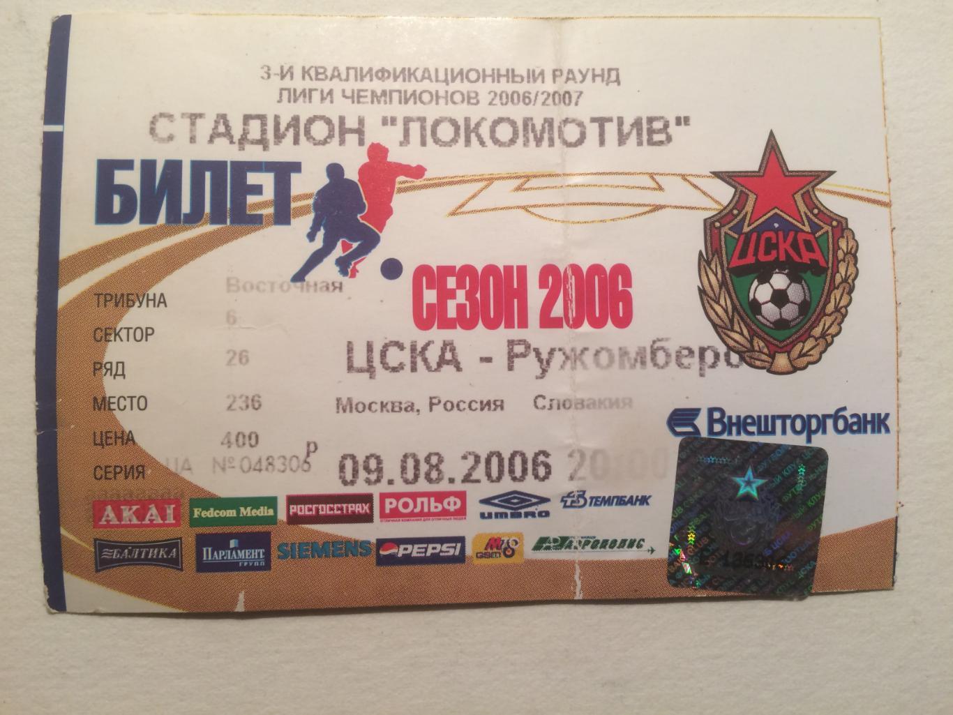 Лига чемпионов ЦСКА Москва - Ружомберок Словакия 09.08.2006