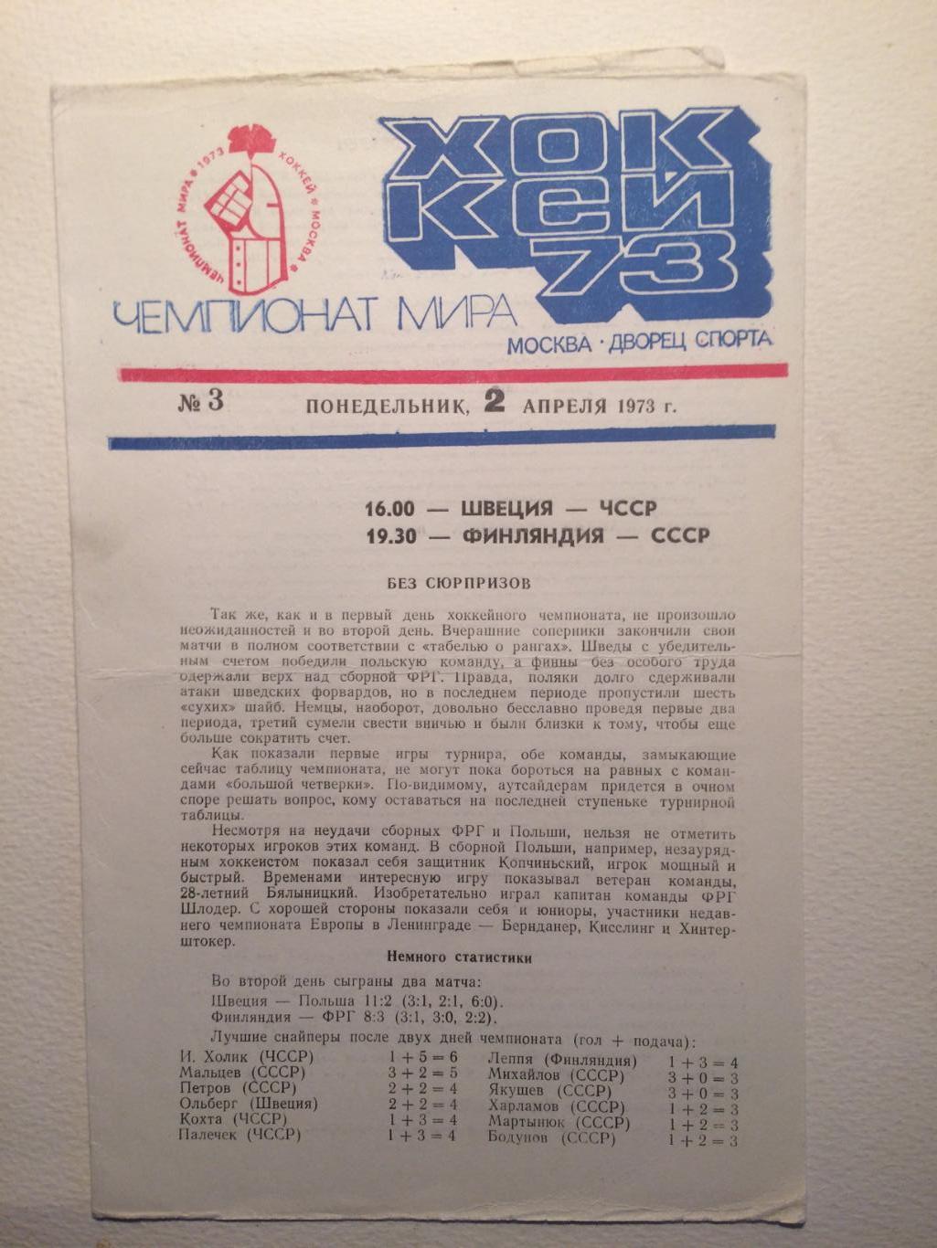 Чемпионат мира-1973 Финляндия-СССР,Швеция-ЧССР 02.04.1973