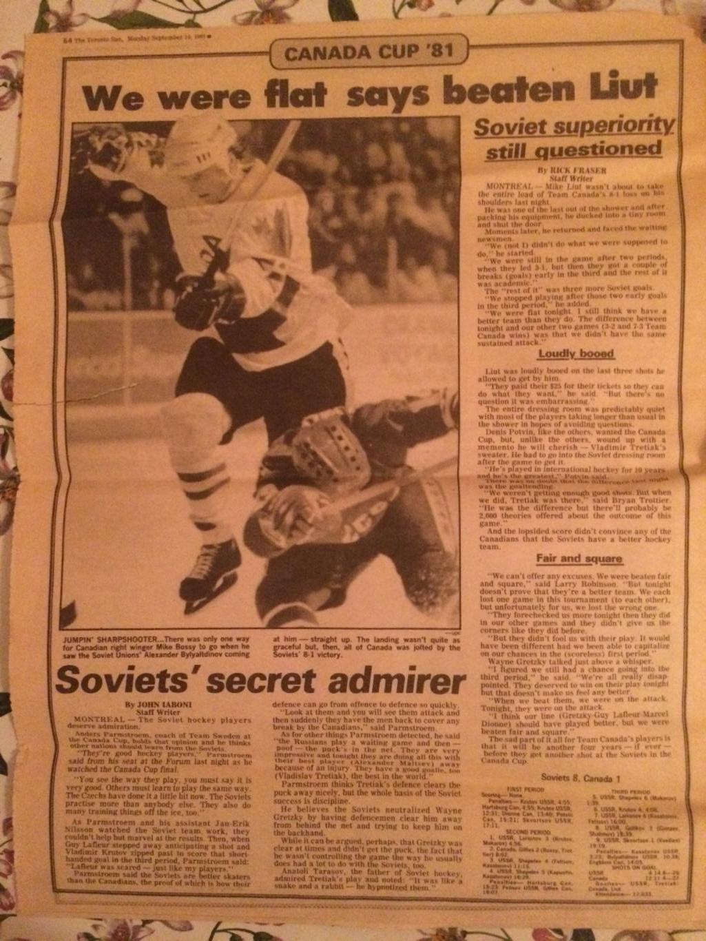 Газета Торонто Сан ( Канада - СССР) 1981 Кубок Канады 2