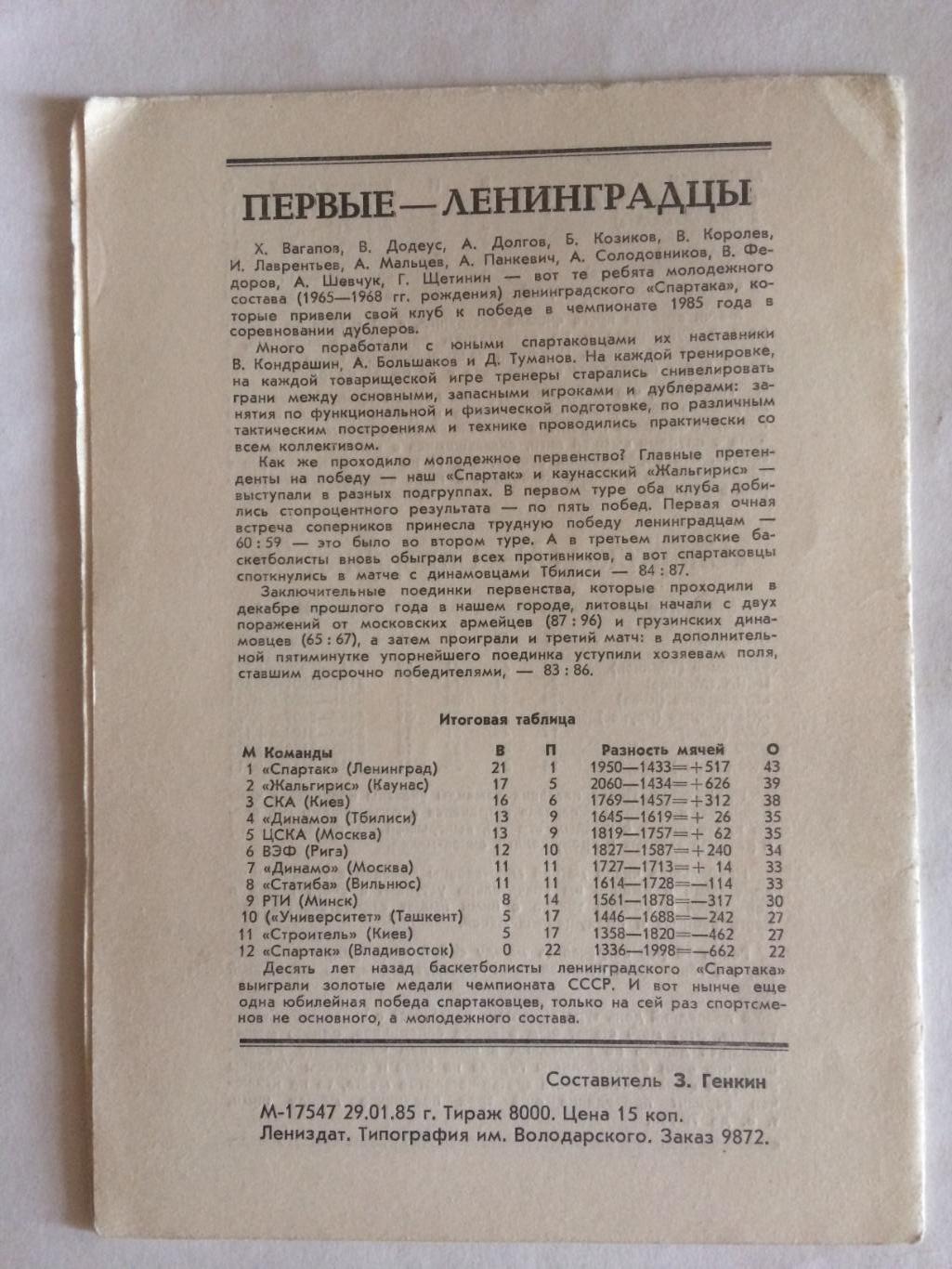 Чемпионат СССР Спартак(Ленинград),Жальгирис,ЦСКА,ВЭФ,05-08,02.1985 1