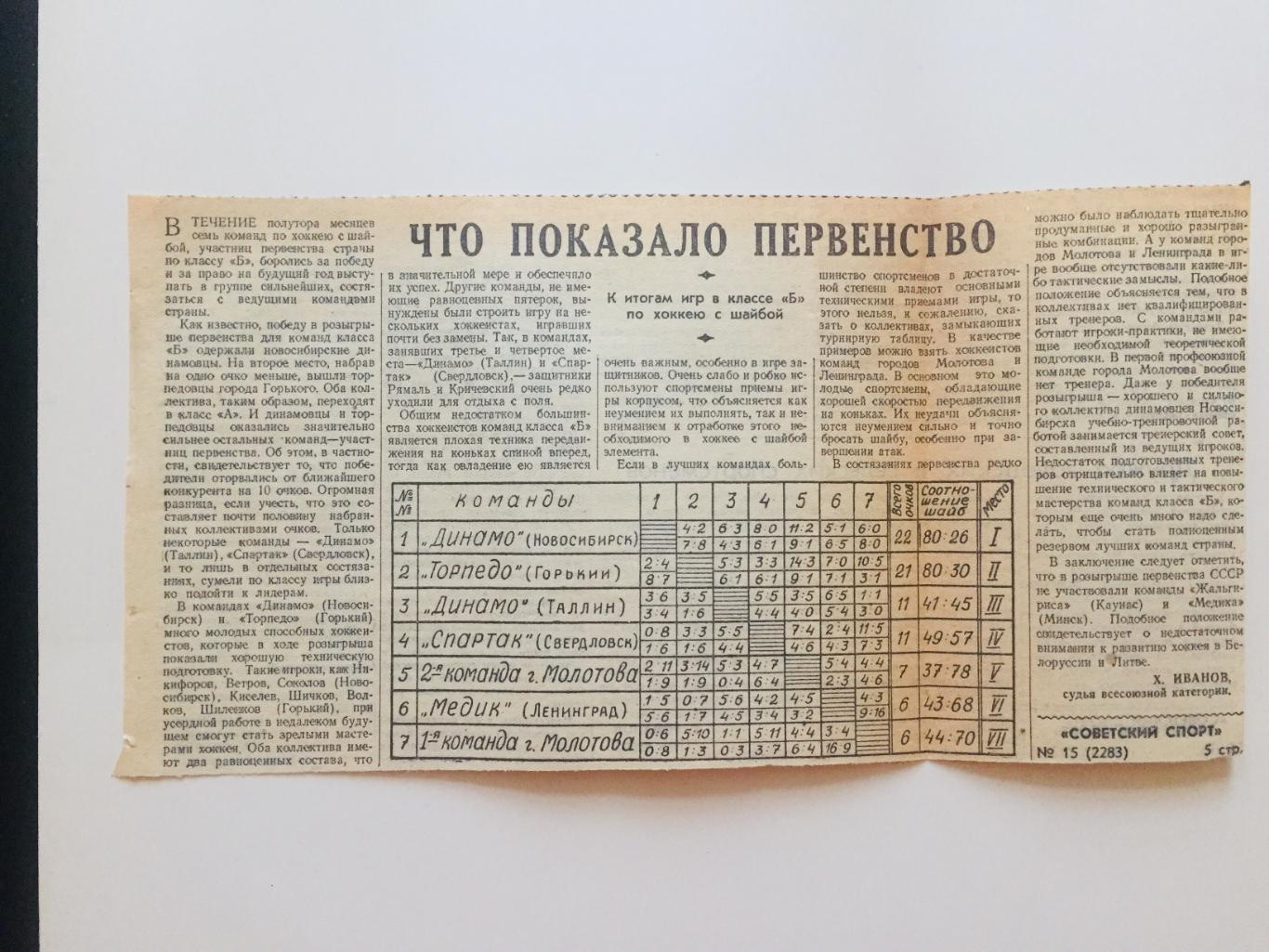 Вырезка Чемпионат СССР по хоккею класс Б итоговая таблица 1952