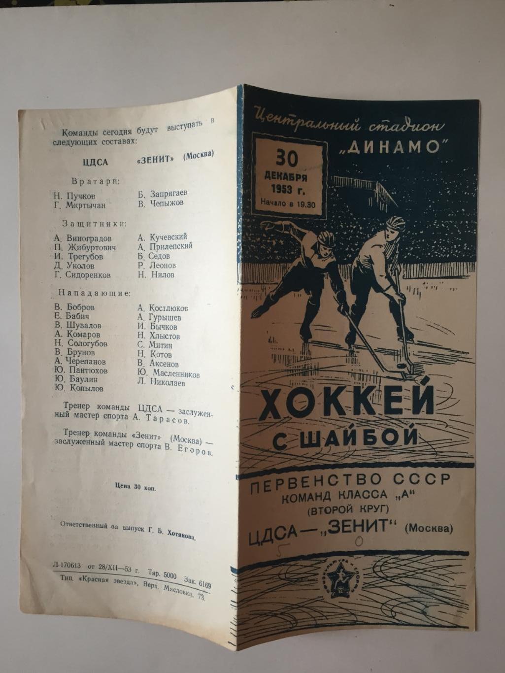 Хоккей ЦДСА(ЦСКА Москва) - Зенит Москва 30.12.1953