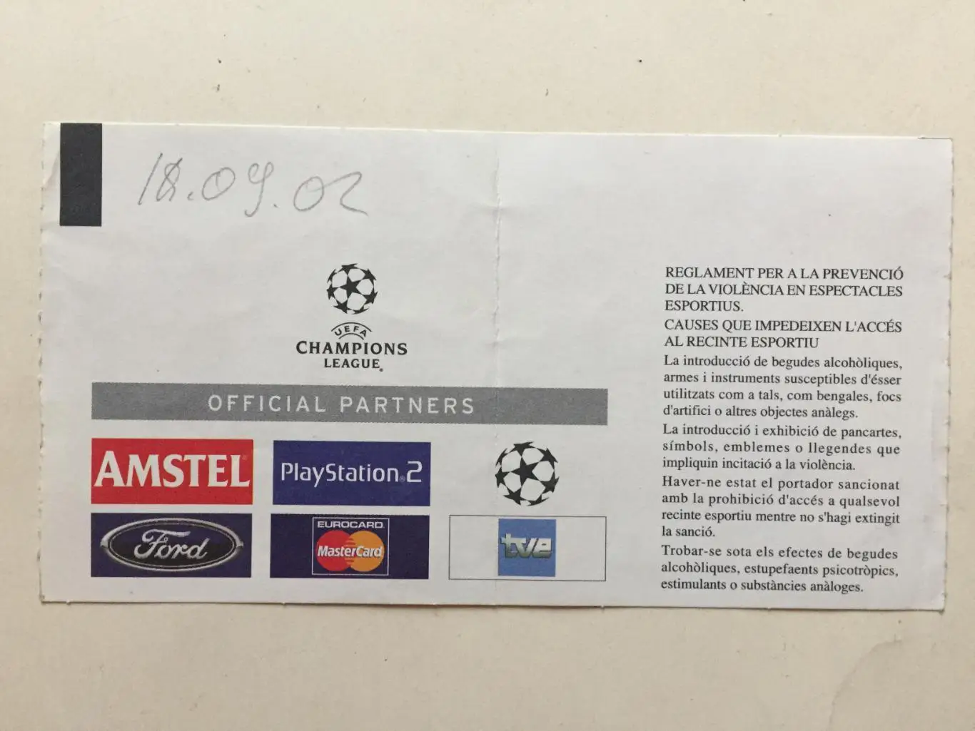 Билет.Лига чемпионов Барселона Испания - Брюгге Бельгия 18.09.2002 2