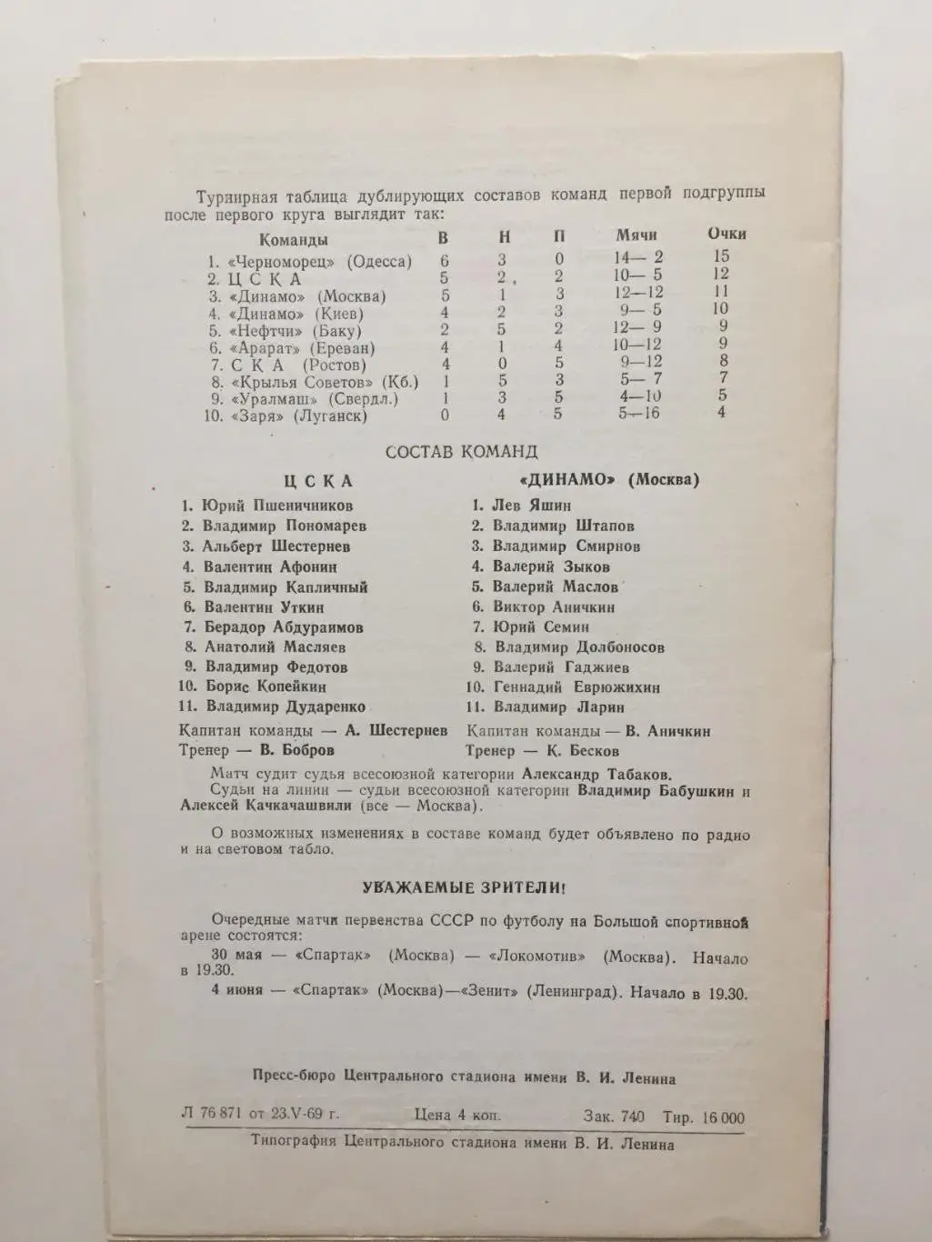 Чемпионат СССР ЦСКА Москва - Динамо Москва 26.05.1969 вид 2 1