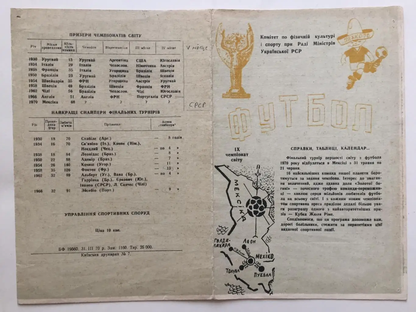 Буклет Футбол Чемпионат мира 1970 Мексика ЧМ-70