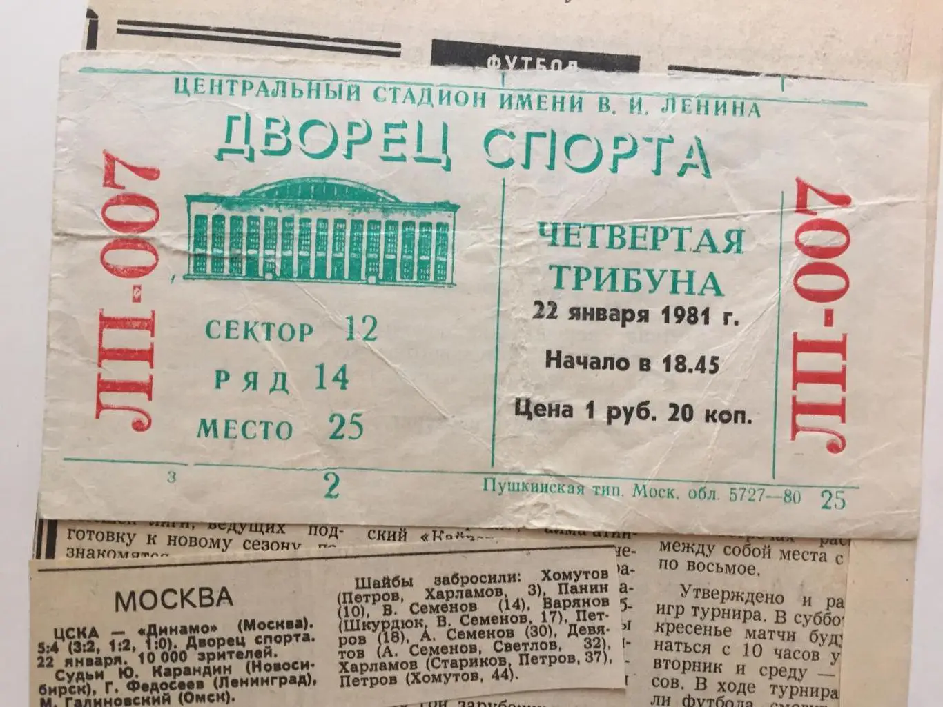 Билет. Динамо Москва-ЦСКА 22.01.1981