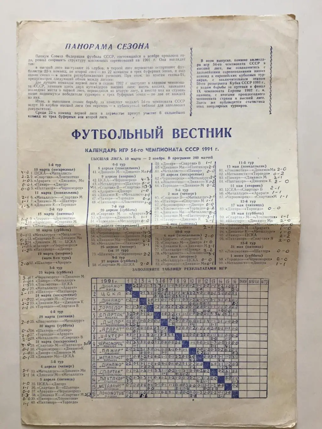 Футбол Календарь игр 1991г. футбольный вестник