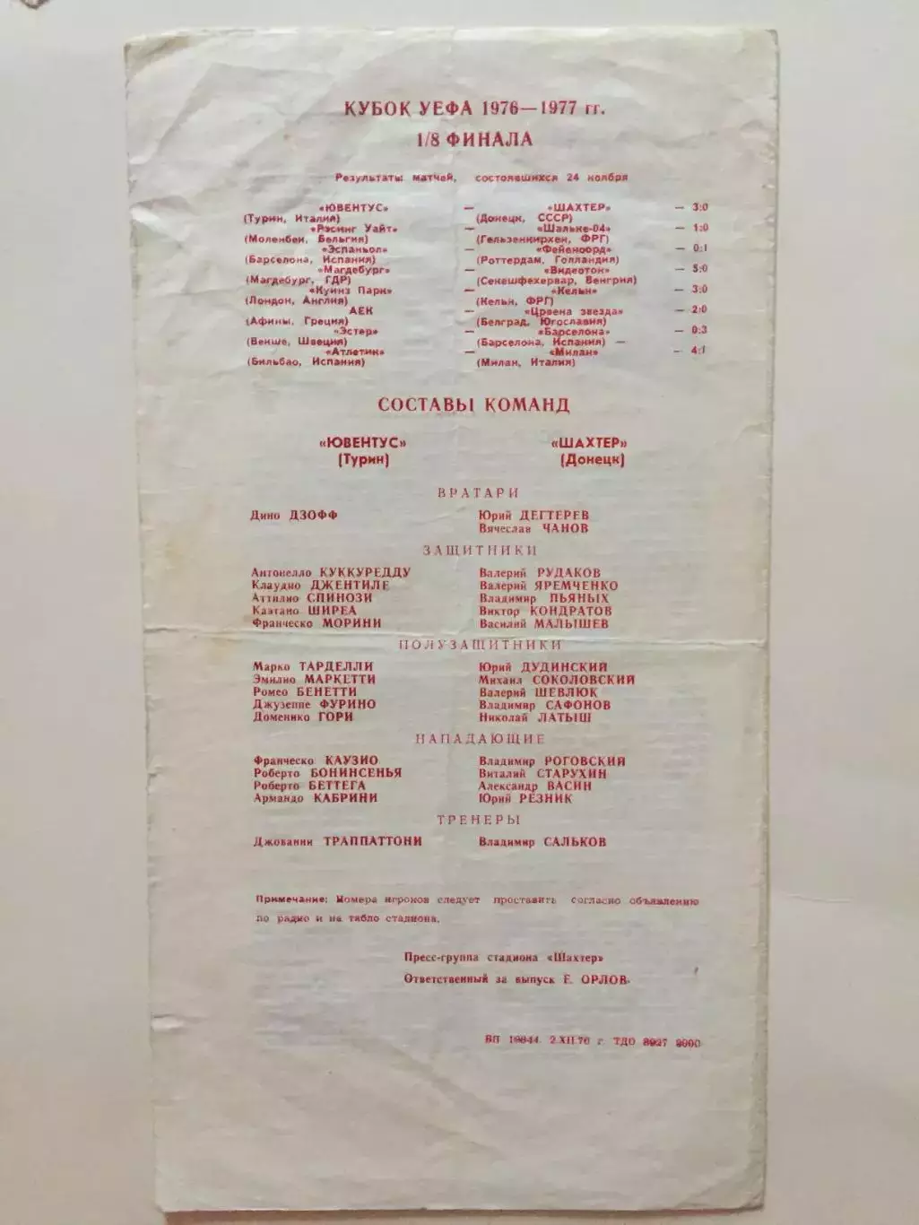 Кубок УЕФА Шахтер Донецк - Ювентус Италия 08.12.1976 1