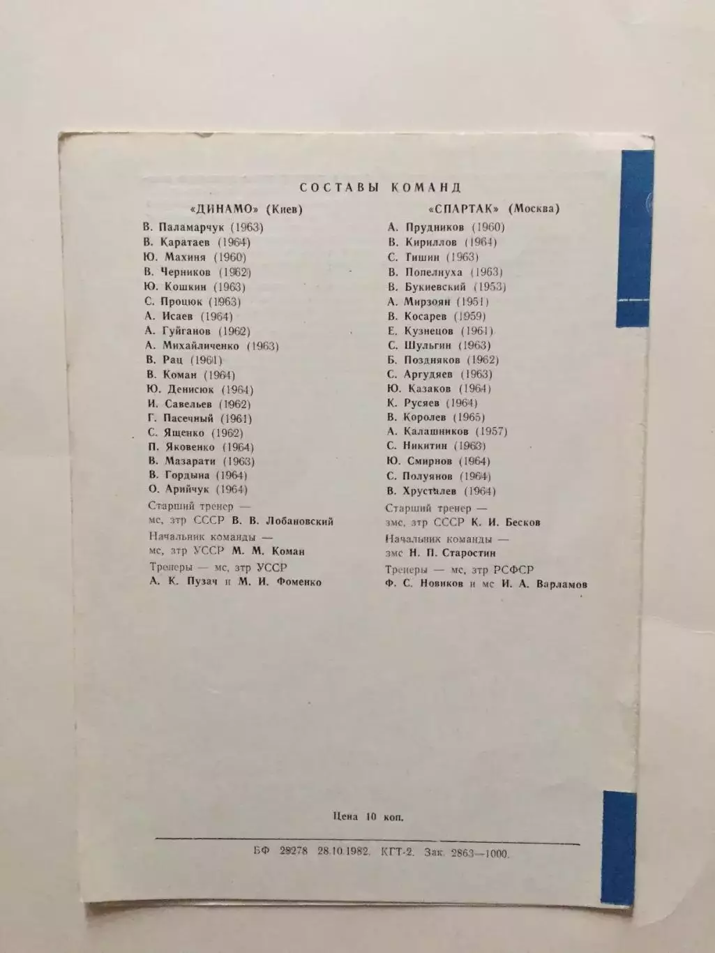 Динамо Киев - Спартак Москва 06.11.1982 дубль,дублеры 1