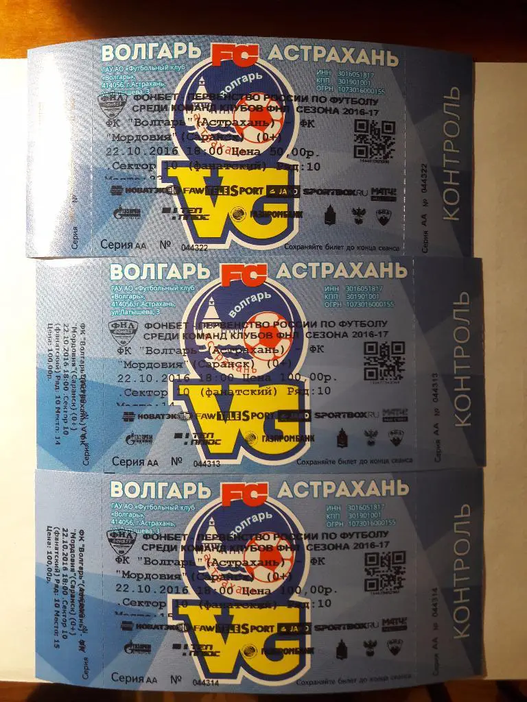 Волгарь - Мордовия (Саранск) _ 22.10.2016 г. _ БИЛЕТ