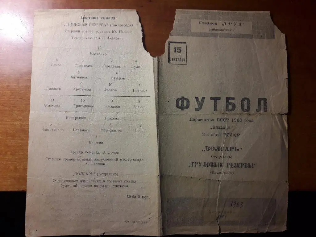 Волгарь (Астрахань) - Трудовые резервы (Кисловодск) _ 15.09.1963