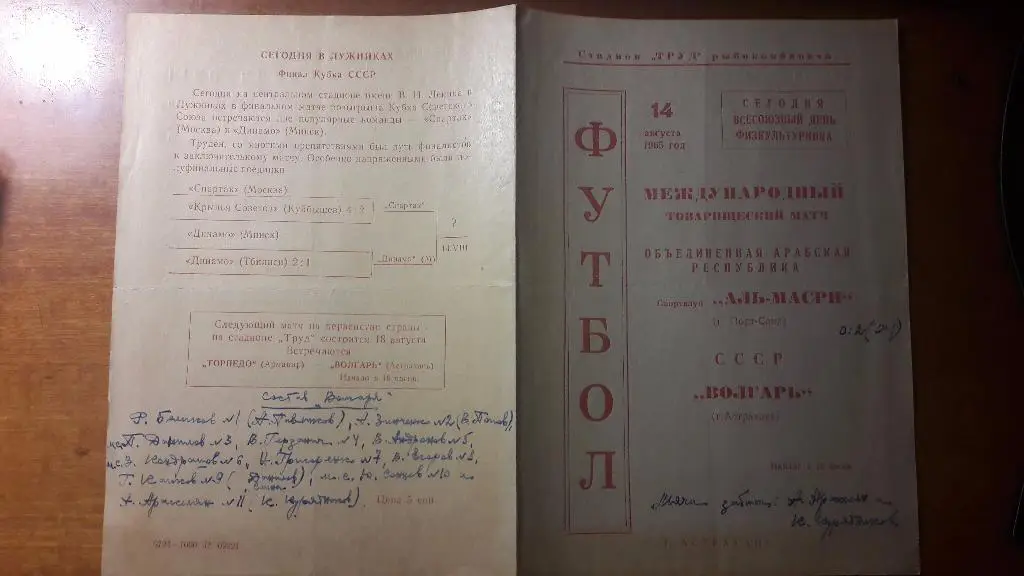 Волгарь (Астрахань) - Аль-Масри (Порт-Саид) _ 14.08.1965. Товарищеский матч.