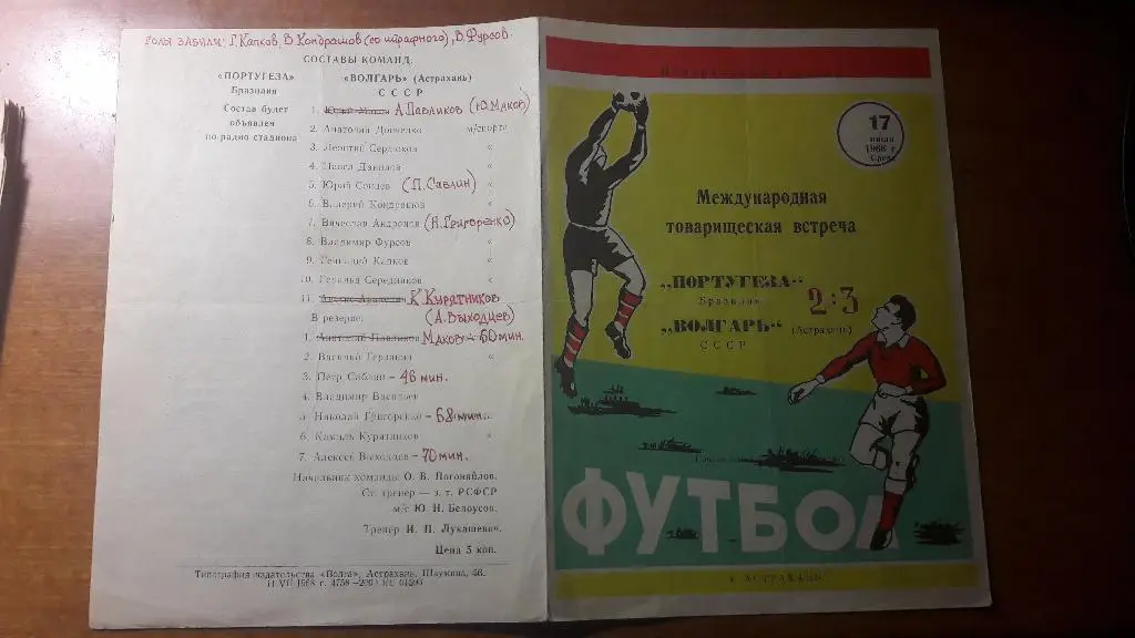 Волгарь (Астрахань) - Португеза (Бразилия) _ 17.07.1968. Товарищеский матч