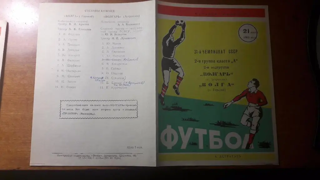 Волгарь (Астрахань) - Волга (Горький) _ 21.06.1969.