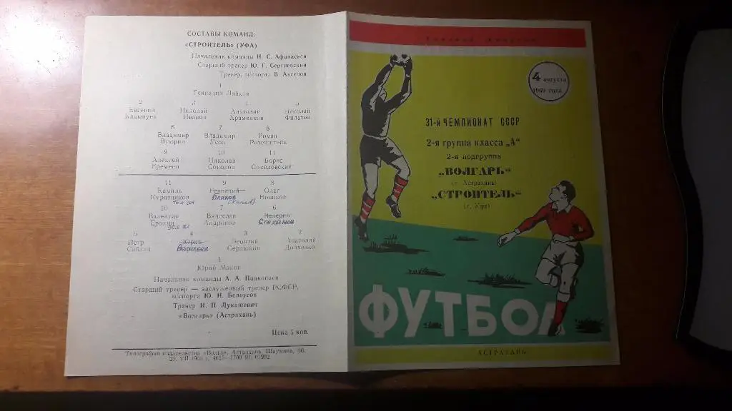 Волгарь (Астрахань) - Строитель (Уфа) _ 04.08.1969.