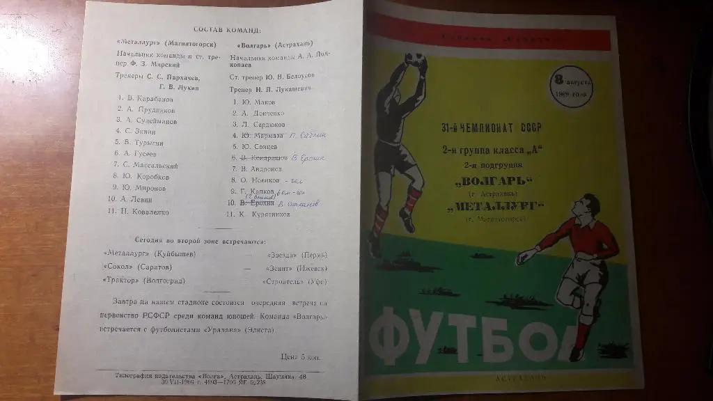 Волгарь (Астрахань) - Металлург (Магнитогорск) _ 08.08.1969.
