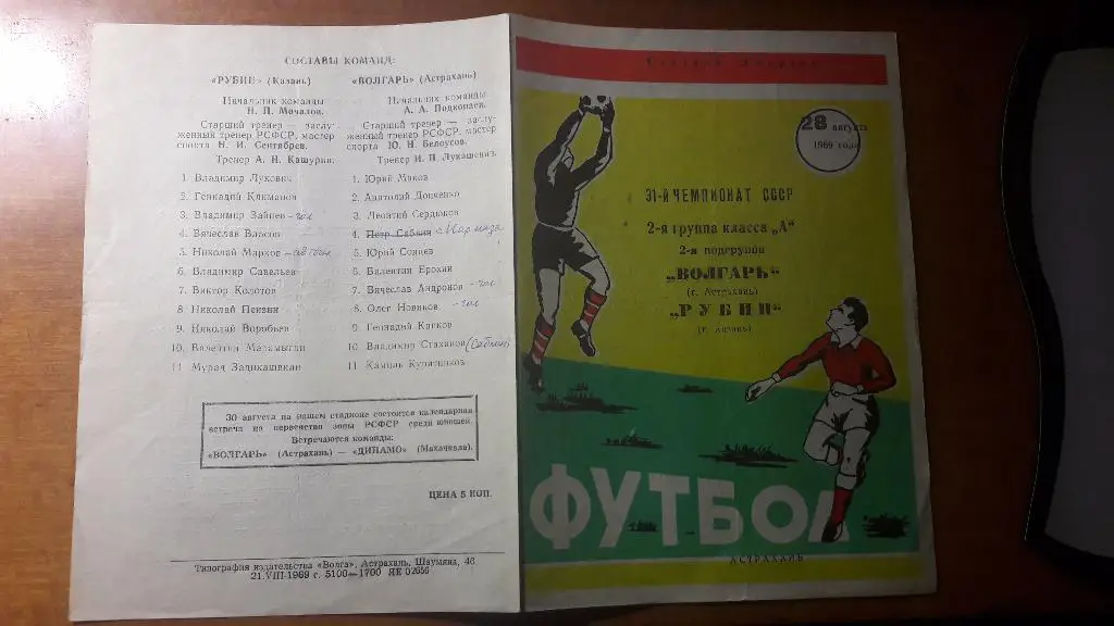 Волгарь (Астрахань) - Рубин (Казань) _ 28.08.1969.
