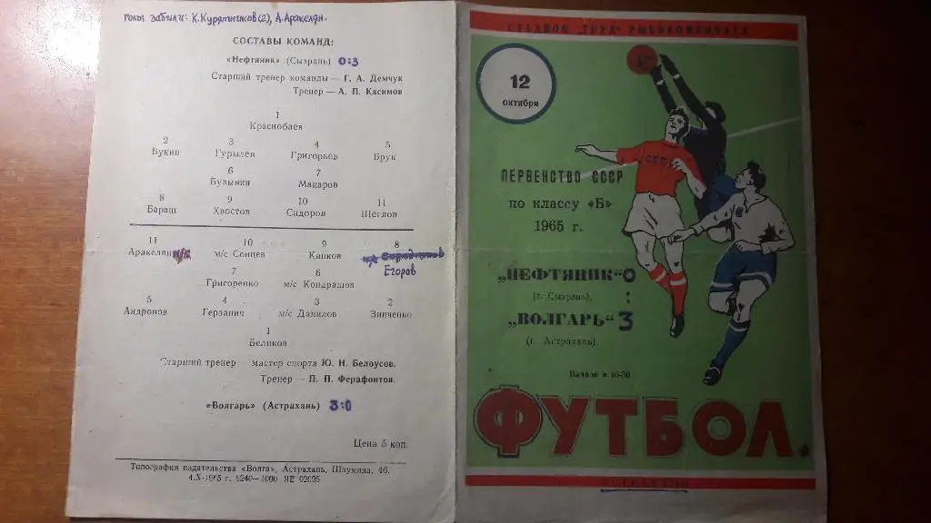 Волгарь (Астрахань) - Нефтяник (Сызрань) _ 12.10.1965.