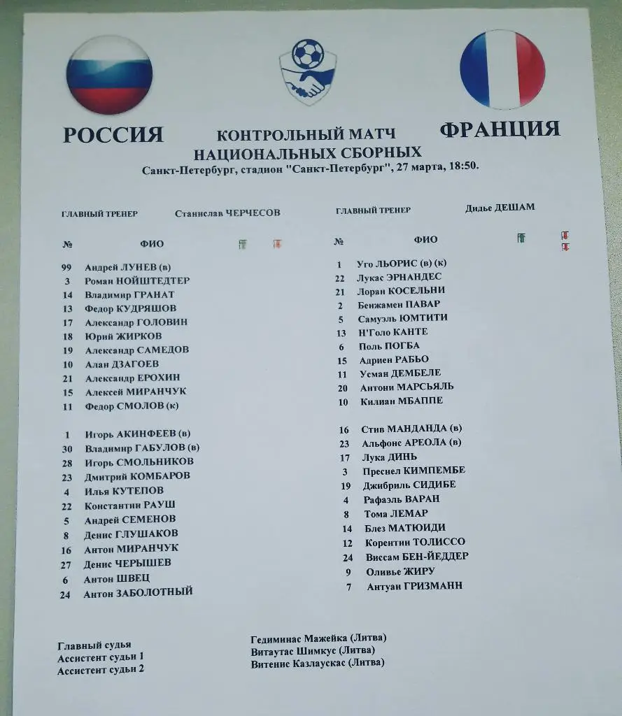 Сборная России - сборная Франции. 27.03.2018 г. Товарищеский матч. Стартлист 1