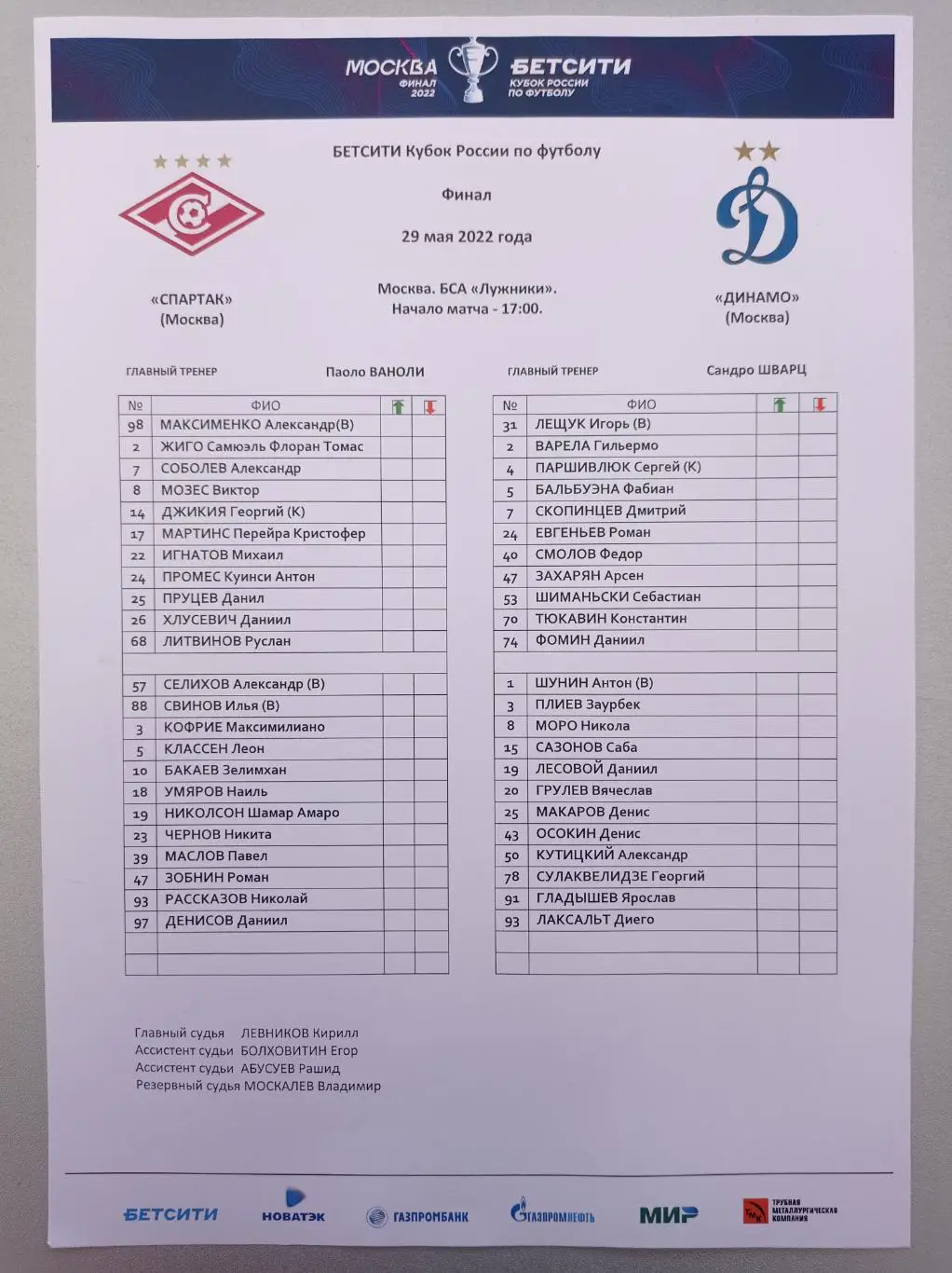 ПРОТОКОЛ. Финал Кубка России по футболу Спартак - Динамо М. 29.05.2022.