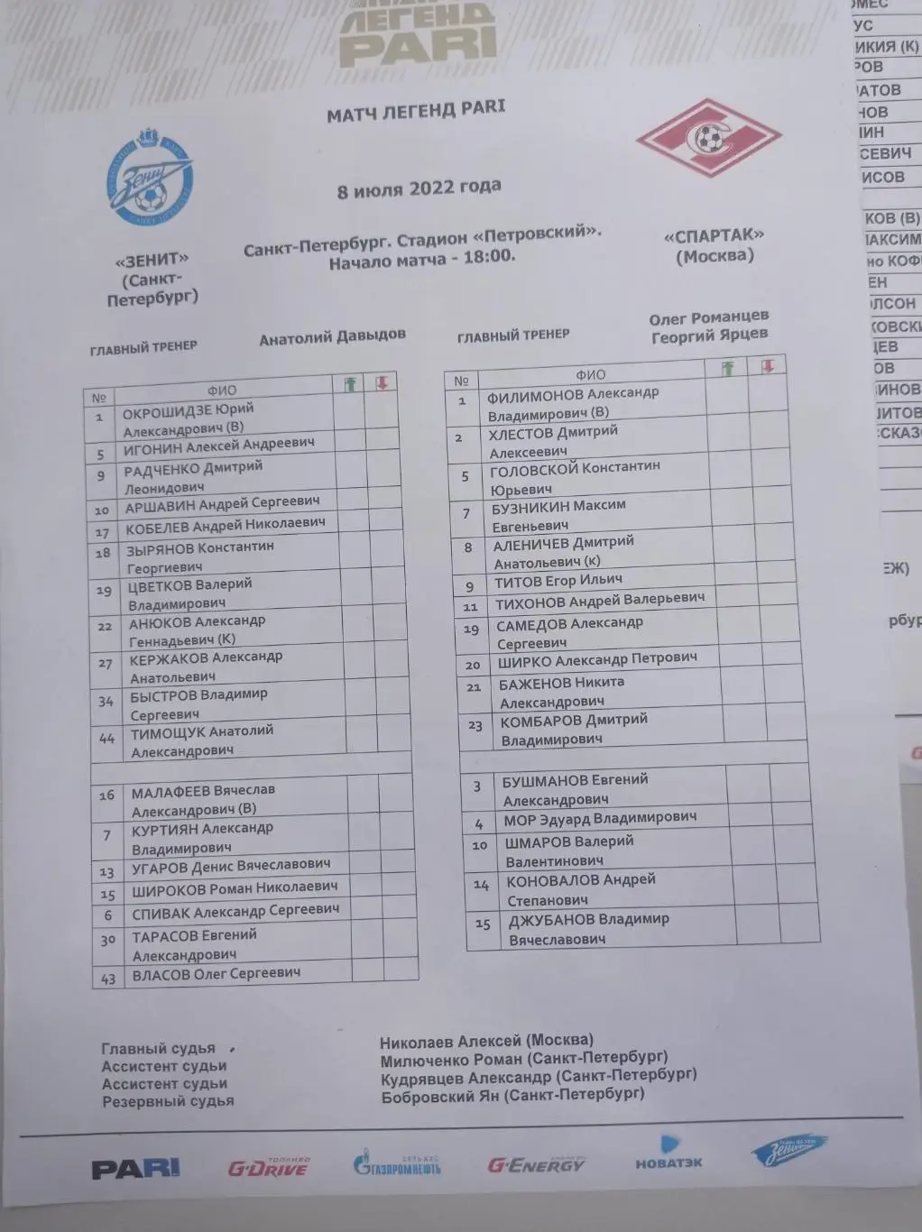 ПРОТОКОЛ. ЗенитСПб-Спартак. 08.07.2022 (ветераны). Последний матч Г.А.Ярцева
