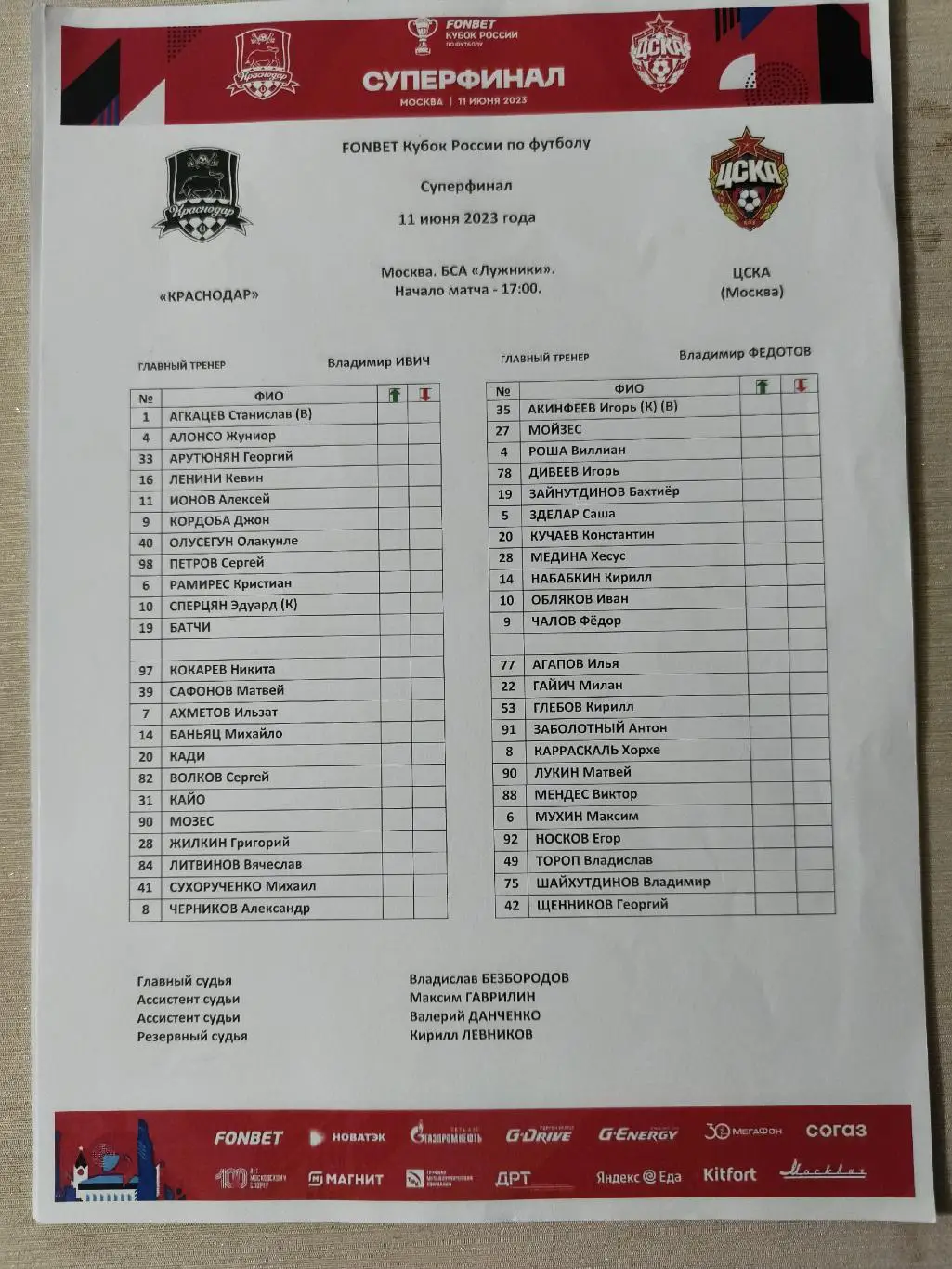 ПРОТОКОЛ. Суперфинал Кубка России по футболу Краснодар ЦСКА. 11.06.2023.