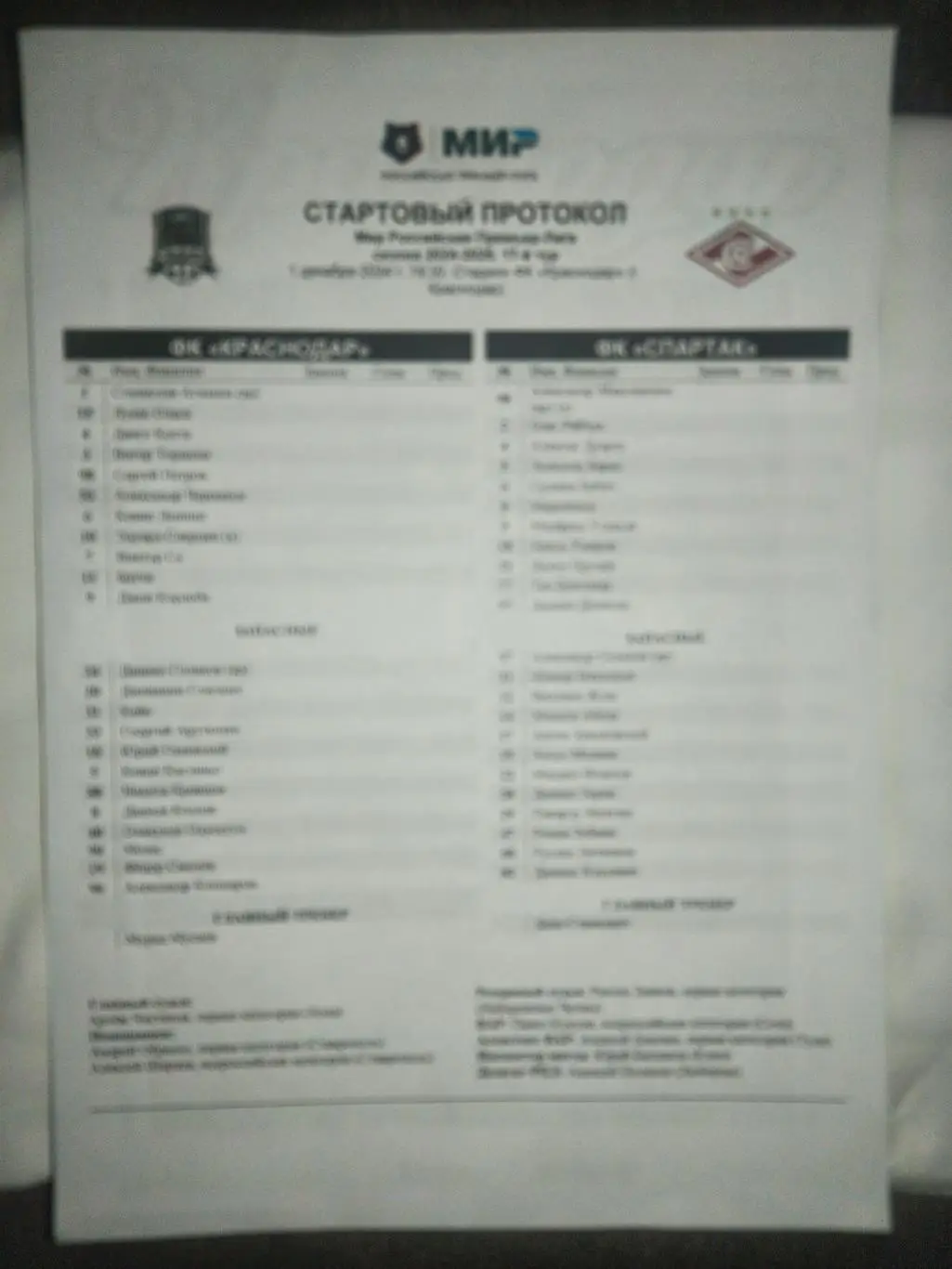 СТАРТОВЫЙ ПРОТОКОЛ! ФК Краснодар - Спартак (Москва) - _ 01.12..2024.