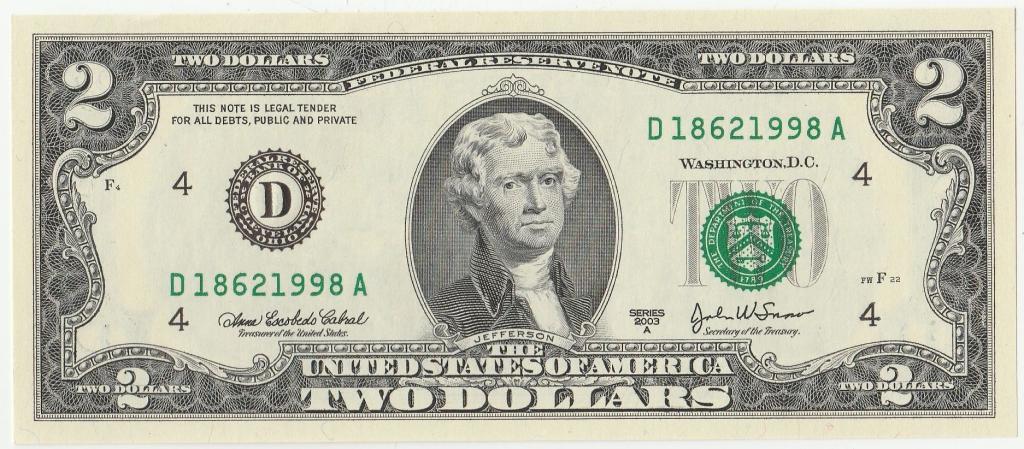 2$ доллара 2003 г. UNC Номер - Год рождения 1998г.