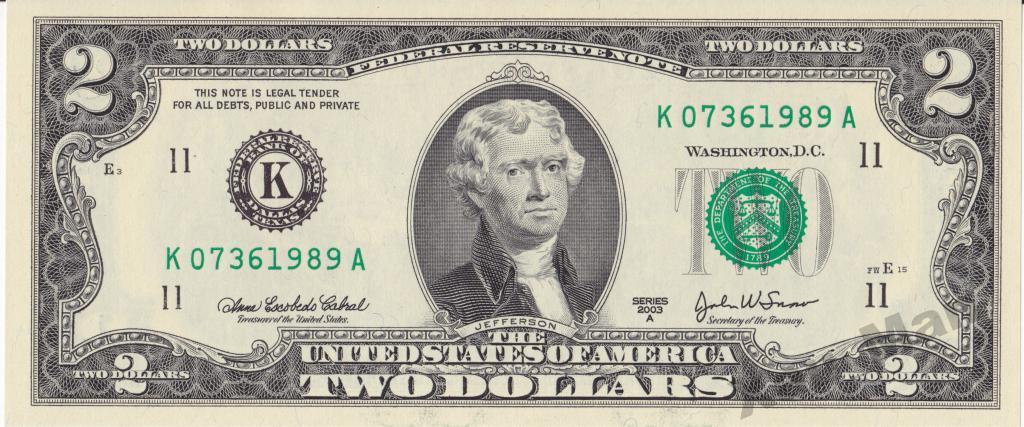 2$ доллара 2003 г. UNC Номер - Год рождения 1989г.