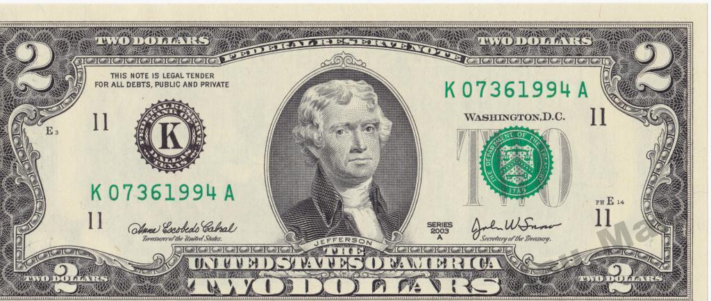 2$ доллара 2003 г. UNC Номер - Год рождения 1994г.
