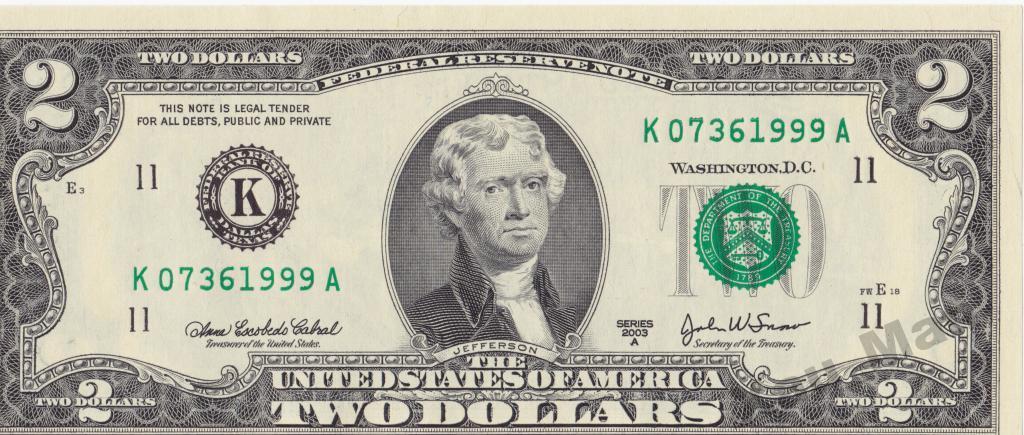 2$ доллара 2003 г. UNC Номер - Год рождения 1999г.