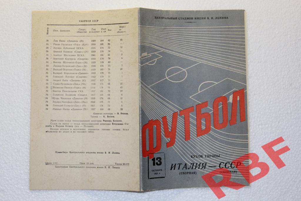 СССР сборная - Италия сборная,13 октября 1963,кубок Европы 1