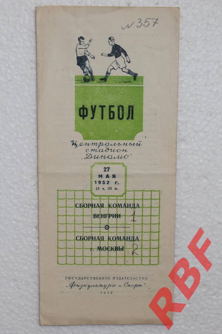 Сборная команды г.Москвы - Сборная команда Венгрии,27 мая 1952
