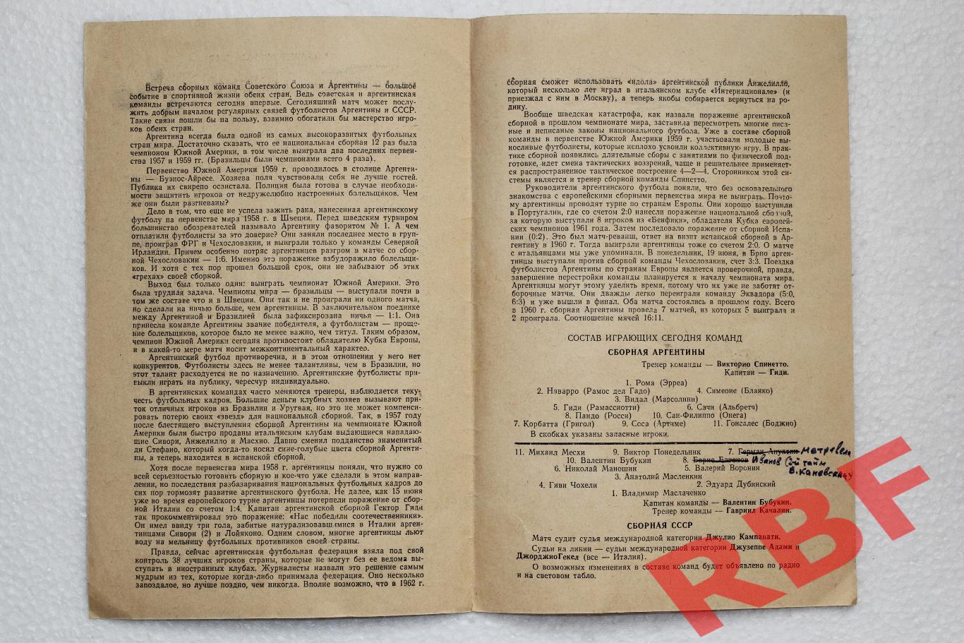 Сборная Аргентины - Сборная СССР,24 июня 1961 2