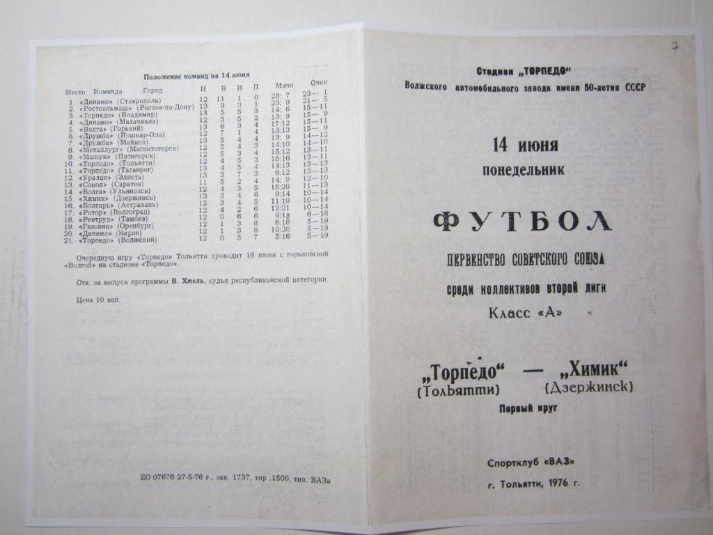 1976.Торпедо Тольятти-Химик Дзержинск