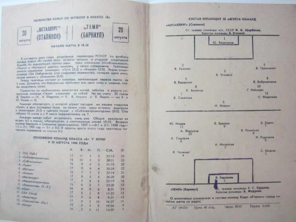 1960.Класс Б .Темп Барнаул-Металлург Сталинск 1