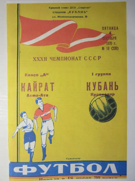 1970. Кубань Краснодар-Кайрат Алма-Ата